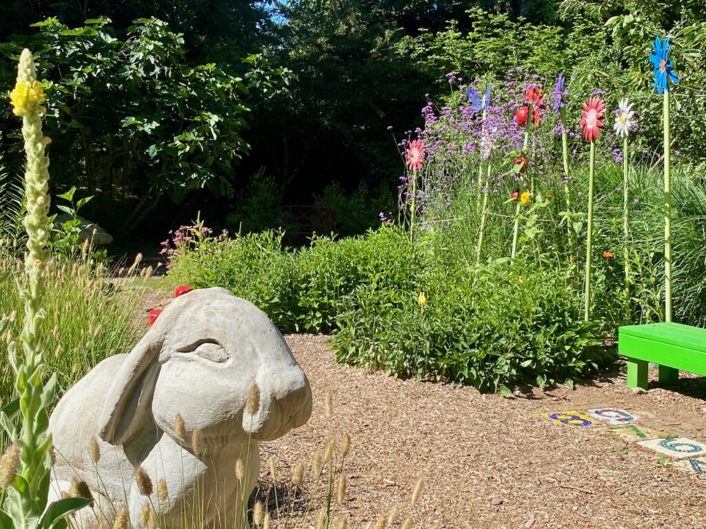 The Hare sculpture in the Children's Garden at the Discovery Garden, photo by Geoff Puryear